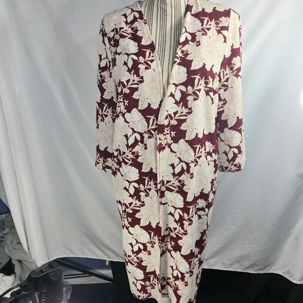 Forever 21 White Maroon Tan Floral Print Open Front Kimono Duster Size Medium